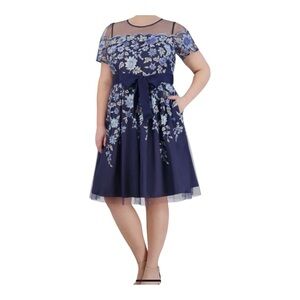 Eliza J Blue Embroidered Illusion Mesh Dress Size 14W Navy Floral Dress NEW Flaw